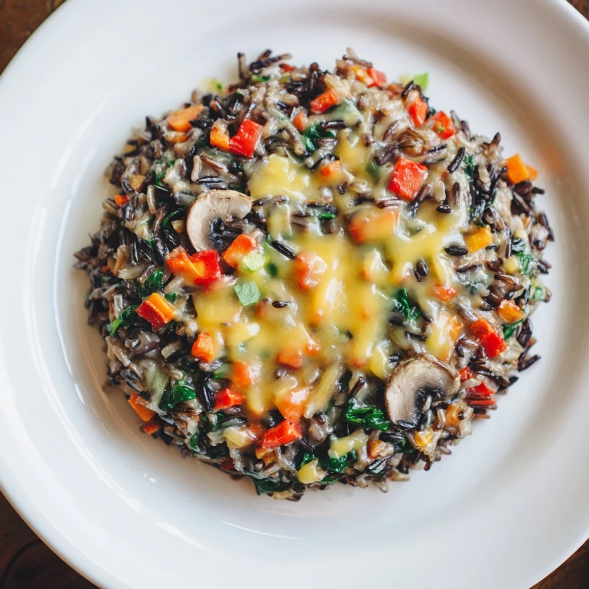 Hearty wild rice casserole, a comforting vegetarian side dish, with vibrant bell peppers in the mix.