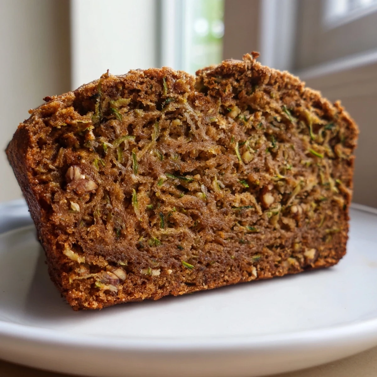 Freshly baked zucchini bread loaf, golden brown with visible zucchini flecks and chopped nuts.