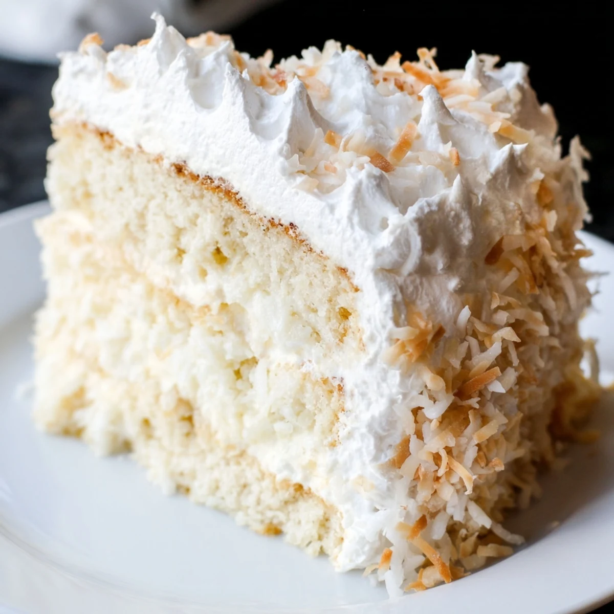 A majestic Coconut Cake, layered with creamy coconut filling and fluffy seven-minute frosting, ready to be enjoyed.
