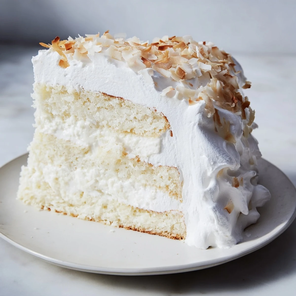 This beautifully frosted Coconut Cake boasts a sprinkling of toasted coconut, perfect for any celebration.