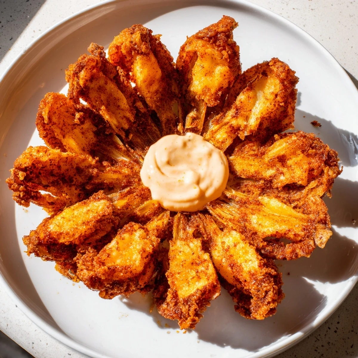 Crispy golden onion petals, blooming like a fried flower, alongside a vibrant spicy dipping sauce.