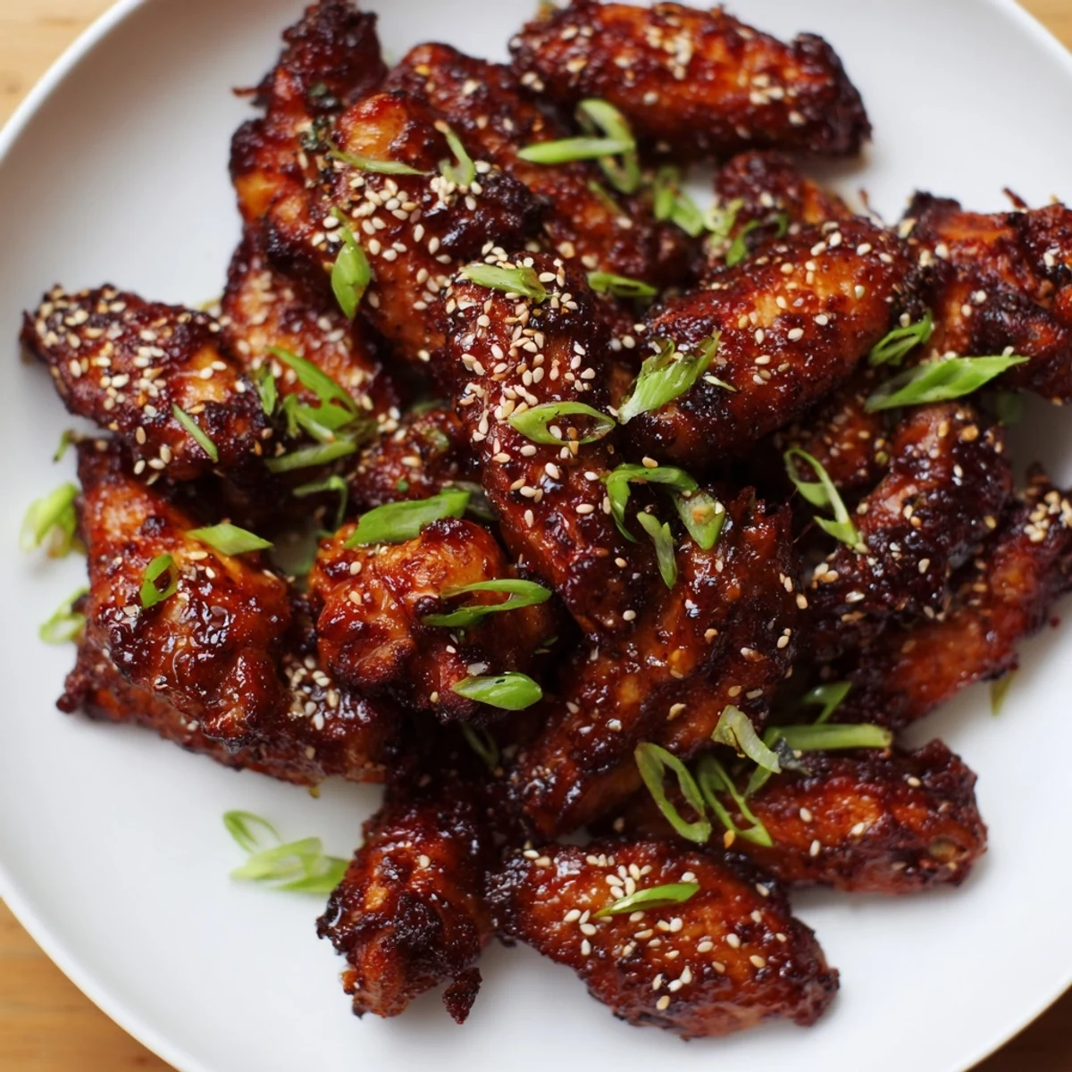Golden-brown Asian Sticky Wings, glistening with a sweet glaze, are ready to serve with sesame seeds.