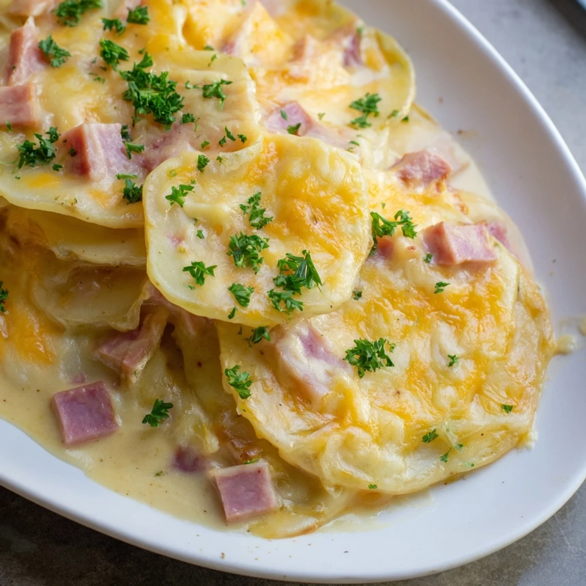 Golden-brown Scalloped Potatoes with Ham, creamy and bubbling, ready to be served for dinner.