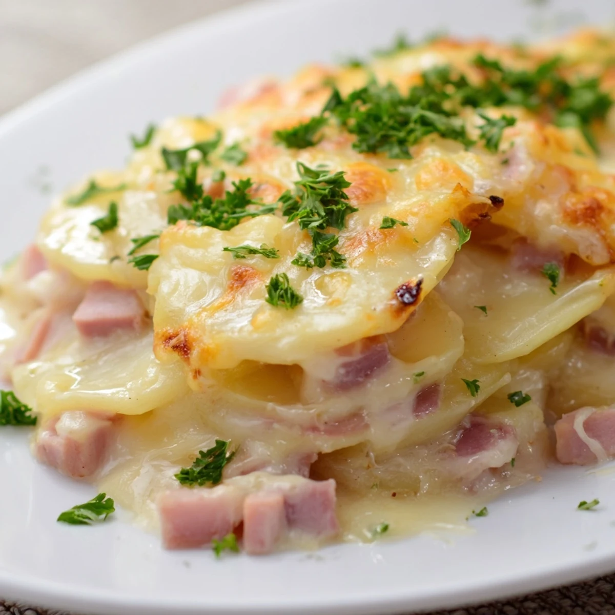 A close-up of a casserole of Scalloped Potatoes with Ham, showing layers of cheesy goodness.