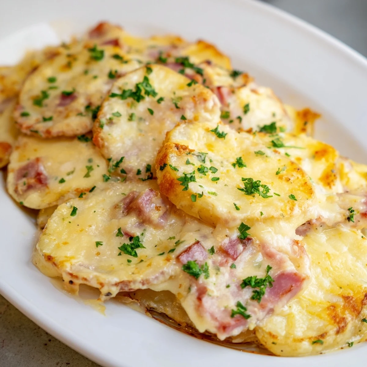 Warm, homemade Scalloped Potatoes with Ham, richly textured and topped with melted cheese, perfect for a gathering.