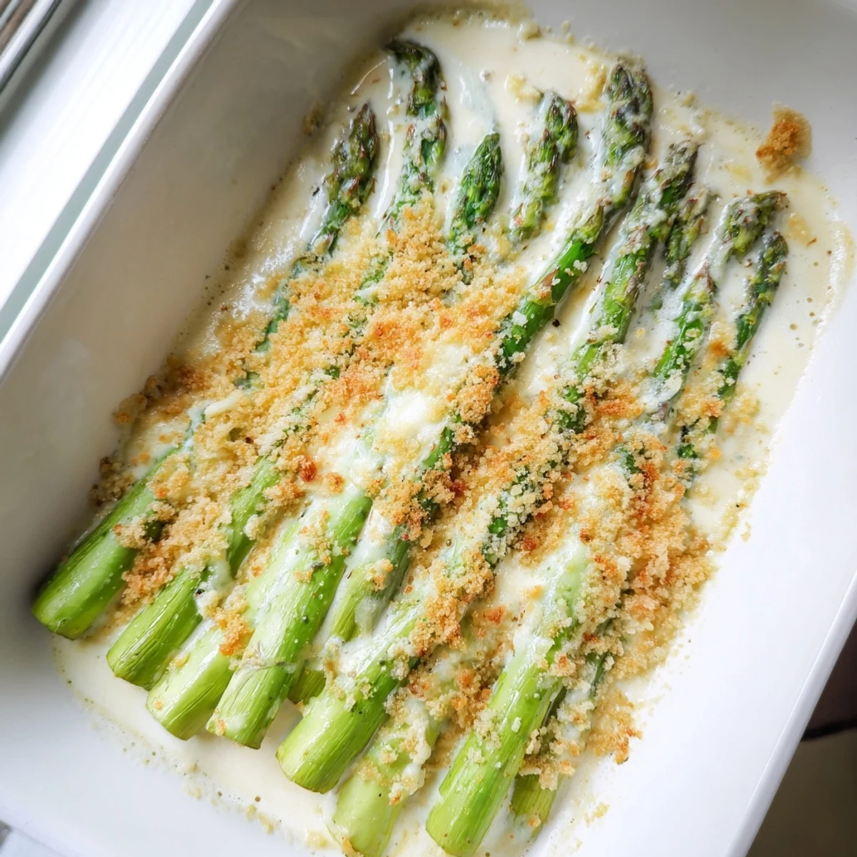 Creamy Asparagus Casserole, featuring tender asparagus and a rich Gruyère cheese sauce, perfect for dinner.