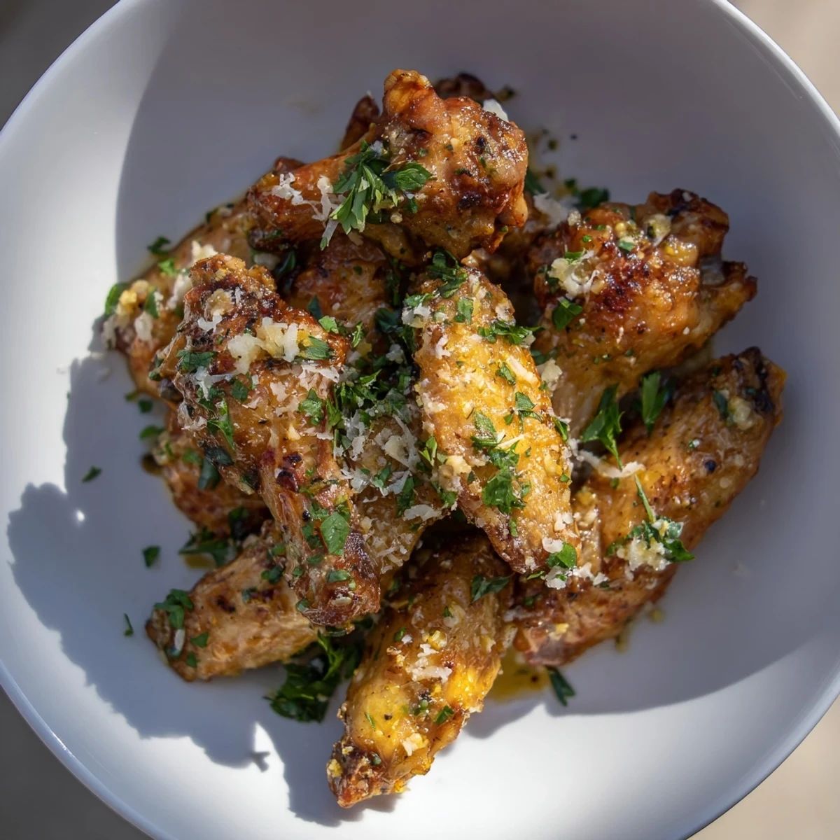 Golden-brown Garlic Parmesan Wings, crispy from the oven, ready for a flavorful bite.