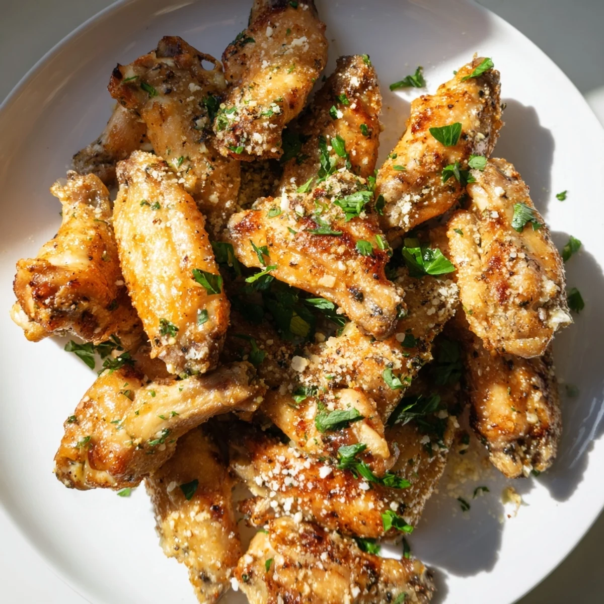 Freshly baked Garlic Parmesan Wings arranged, glistening, offering a savory American appetizer.