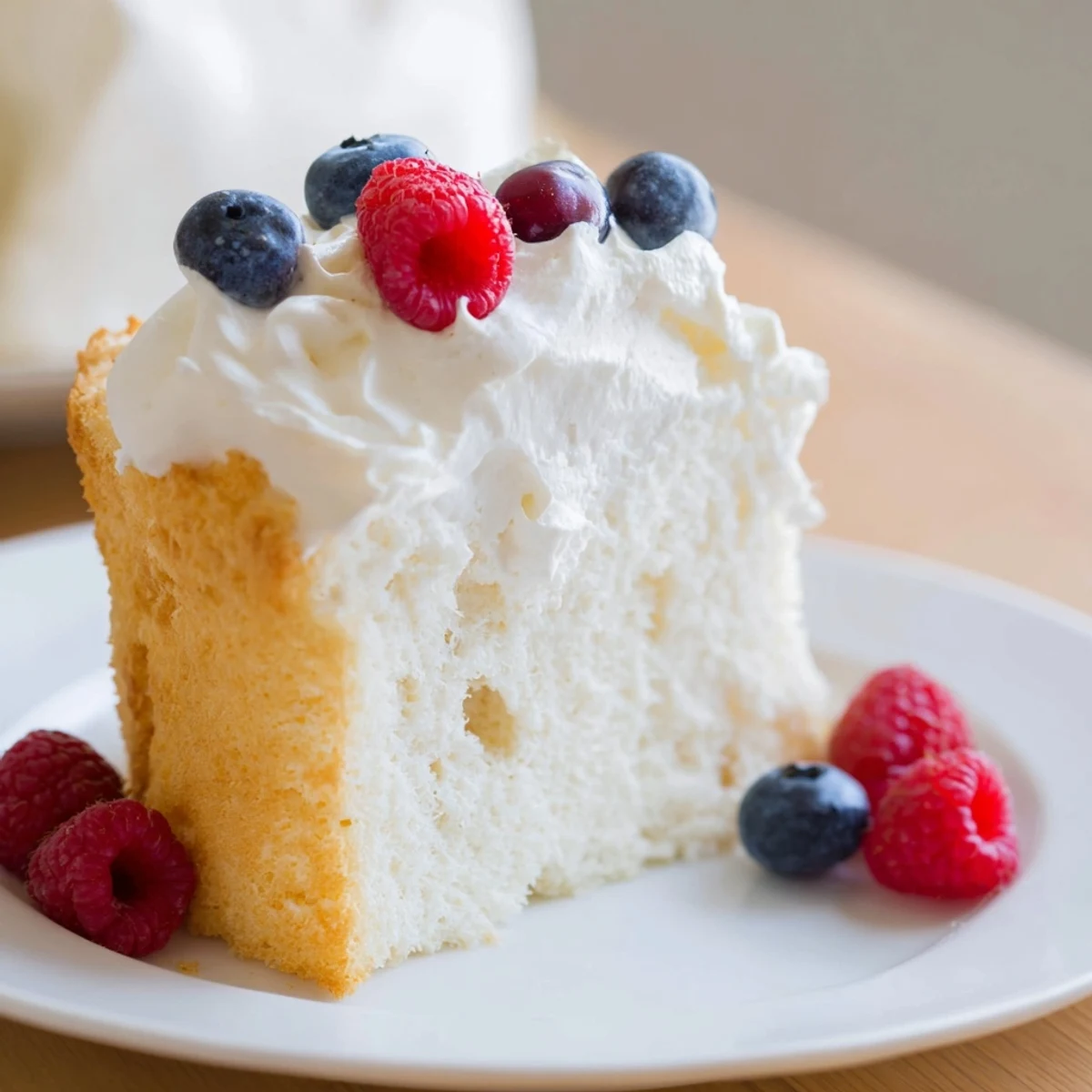 A close-up of a tender slice of angel food cake, showing its airy, delicate texture.