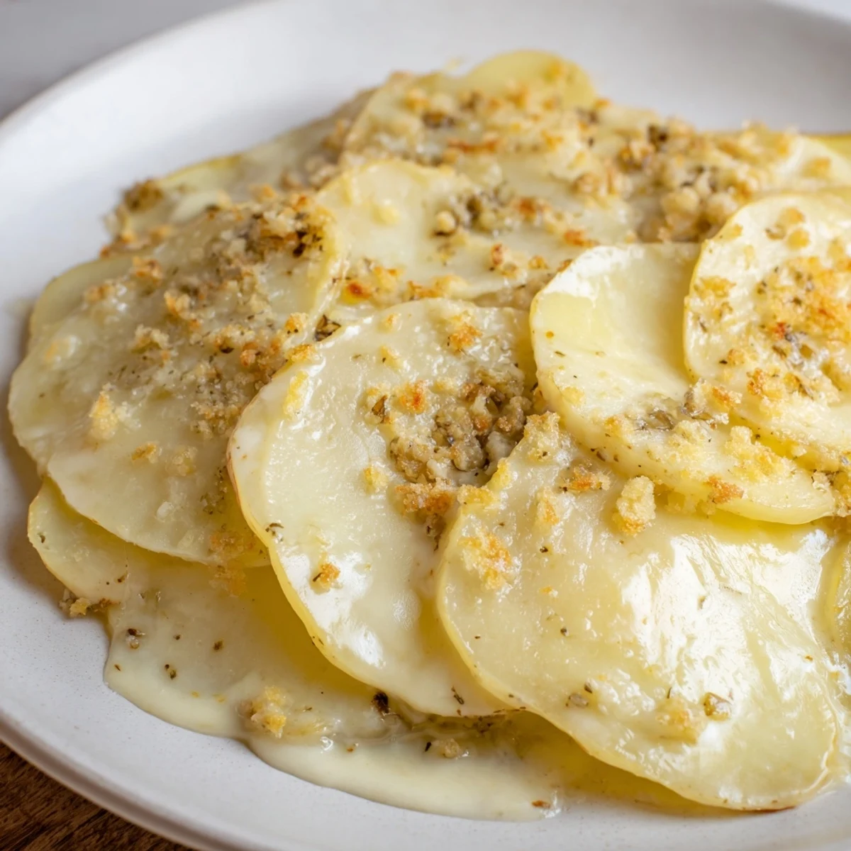 A close-up of cheesy Au Gratin Potatoes reveals golden, browned edges and tender, creamy potato slices.