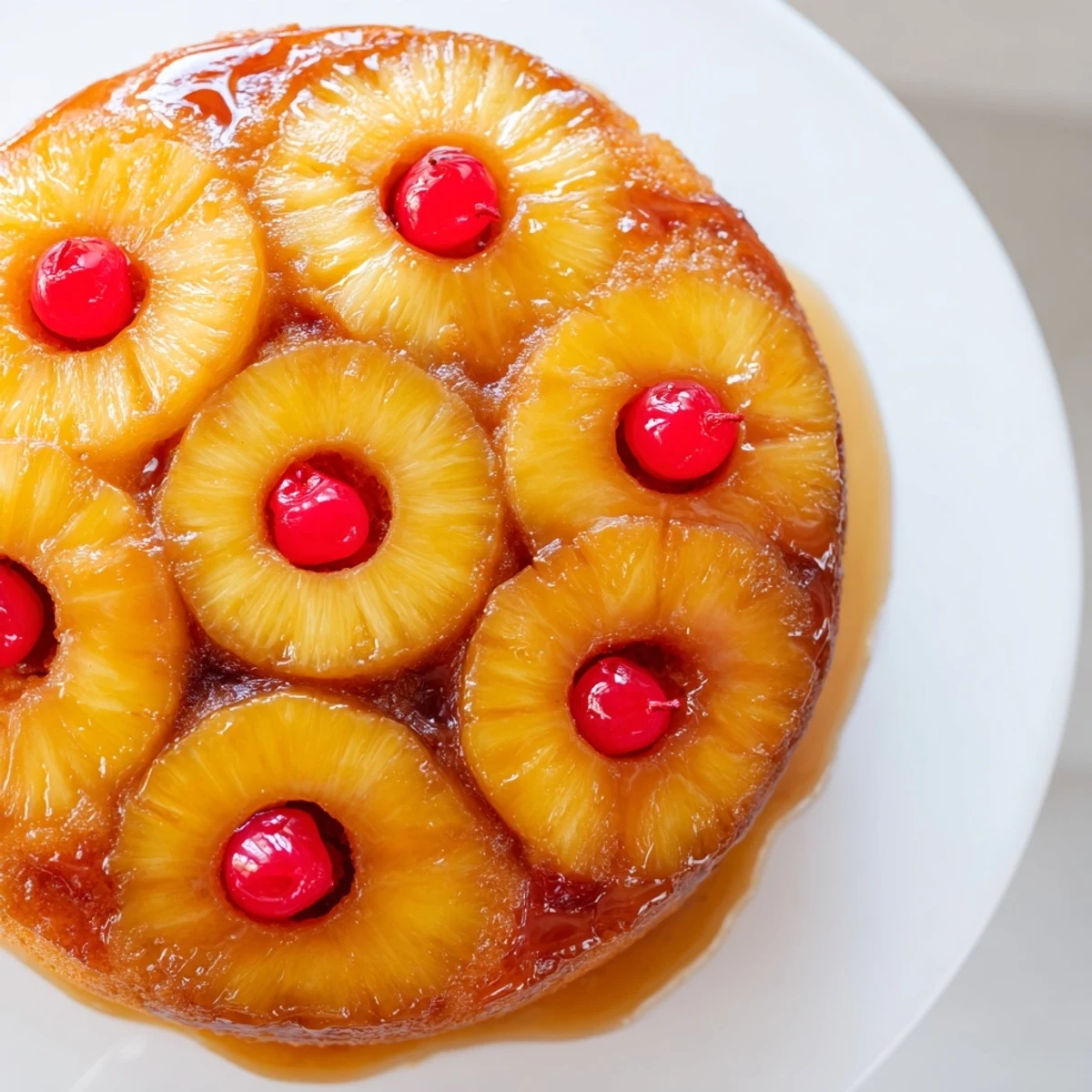 A golden slice of Pineapple Upside-Down Cake, showcasing caramelized pineapple and sweet cherries.