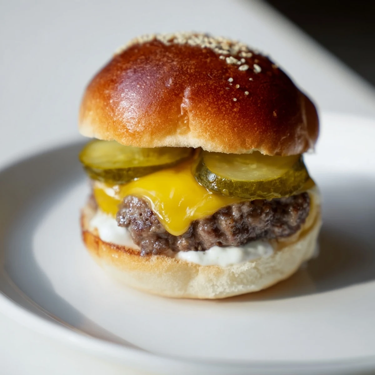 Freshly made sliders – mini hamburgers – boast a creamy special sauce bursting with tangy pickle slices.