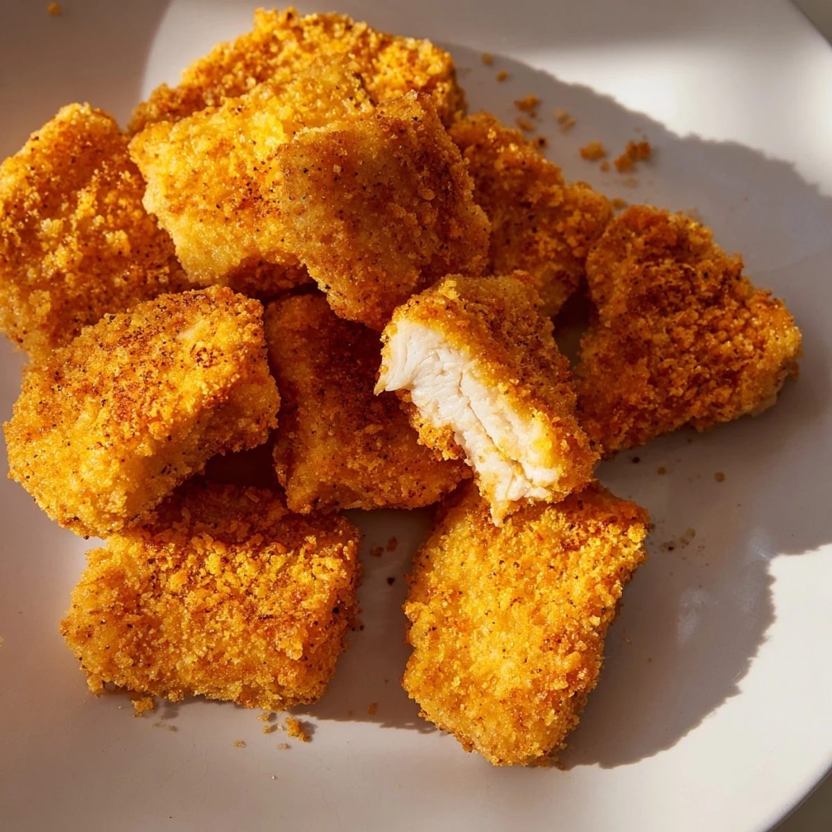 Freshly fried chicken nuggets, showcasing a beautiful golden brown color and tempting aroma.