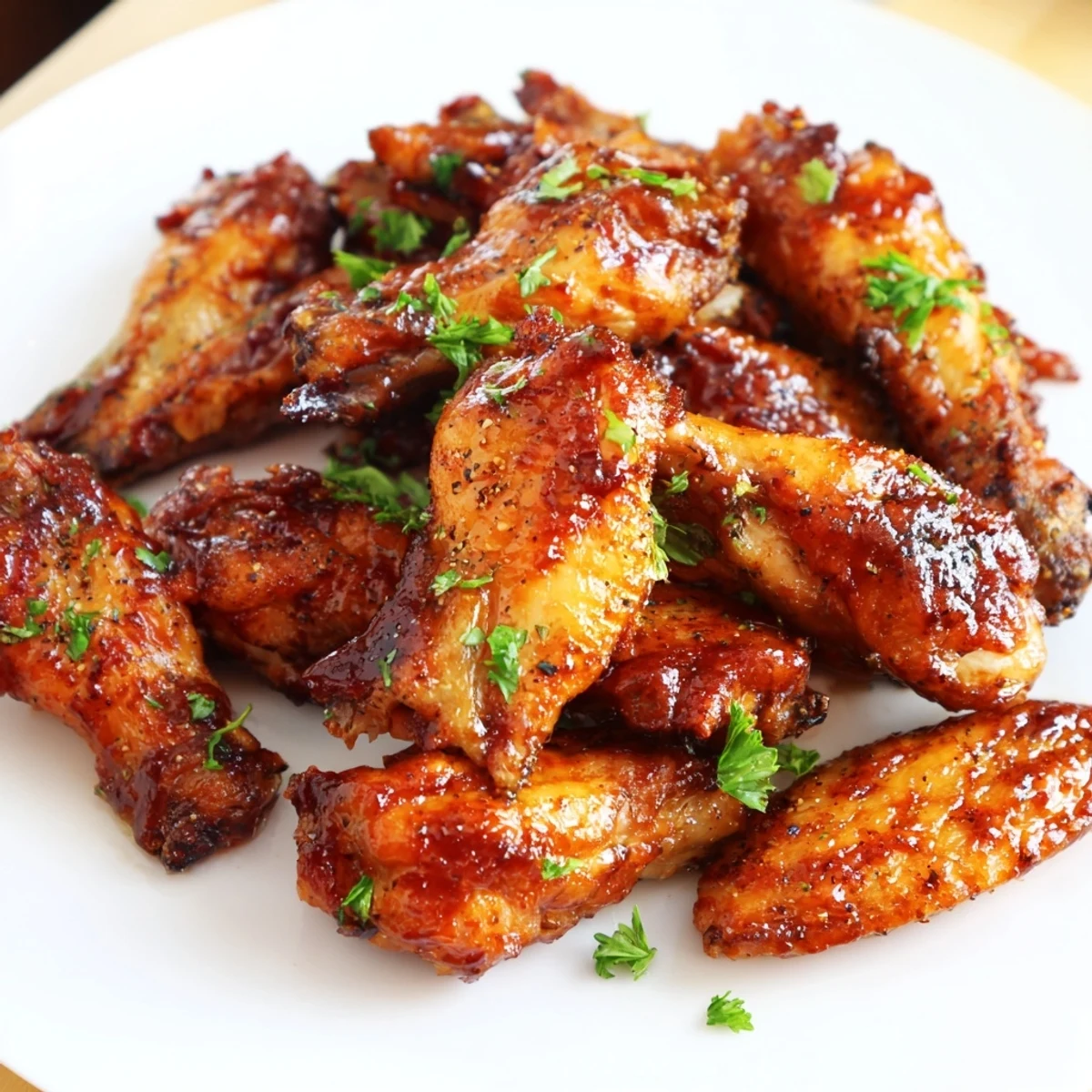 Golden-brown Honey BBQ Chicken Wings, glistening with sweet and smoky sauce, ready to eat.
