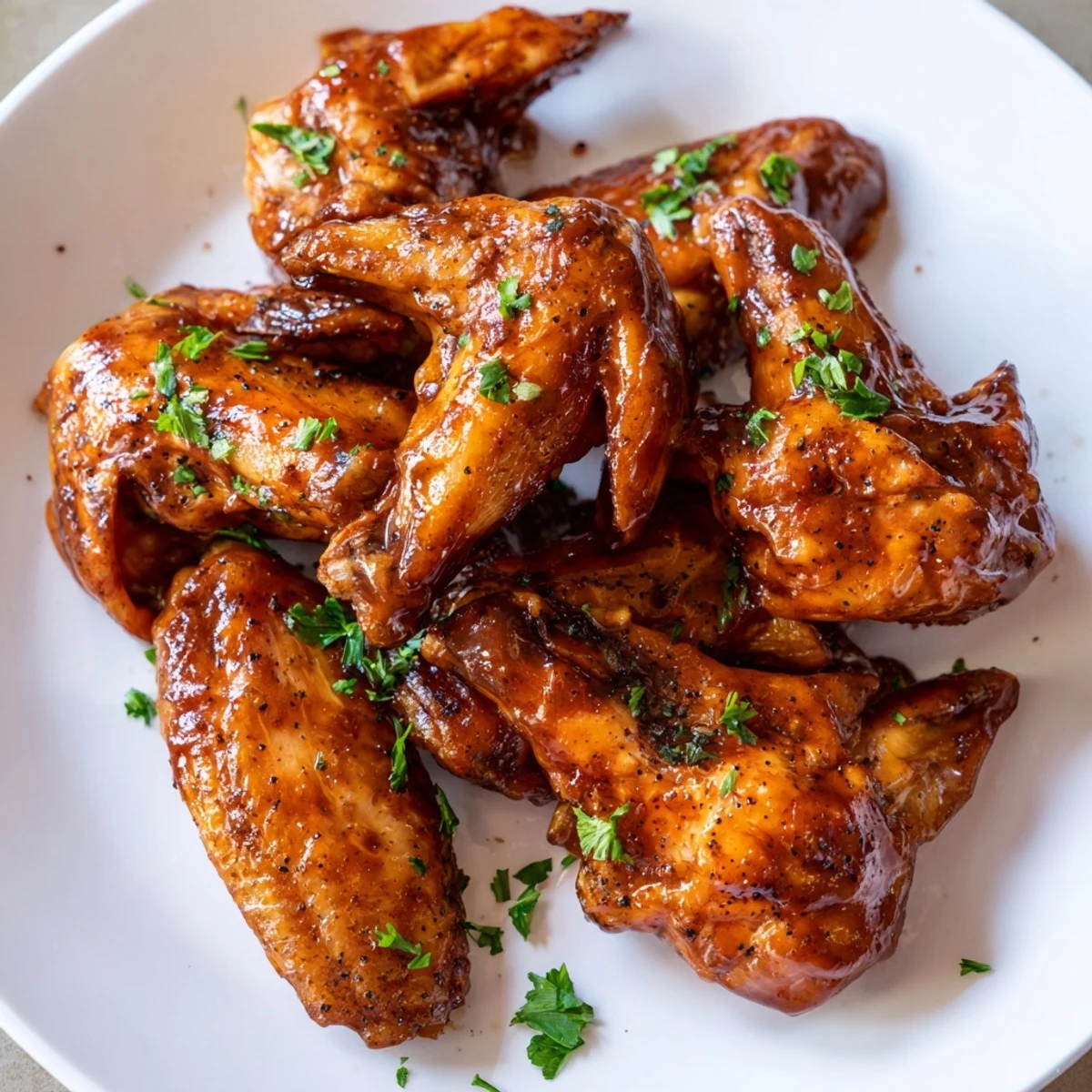 Tender, saucy Honey BBQ Chicken Wings piled high on a plate, ideal for a game-day spread.