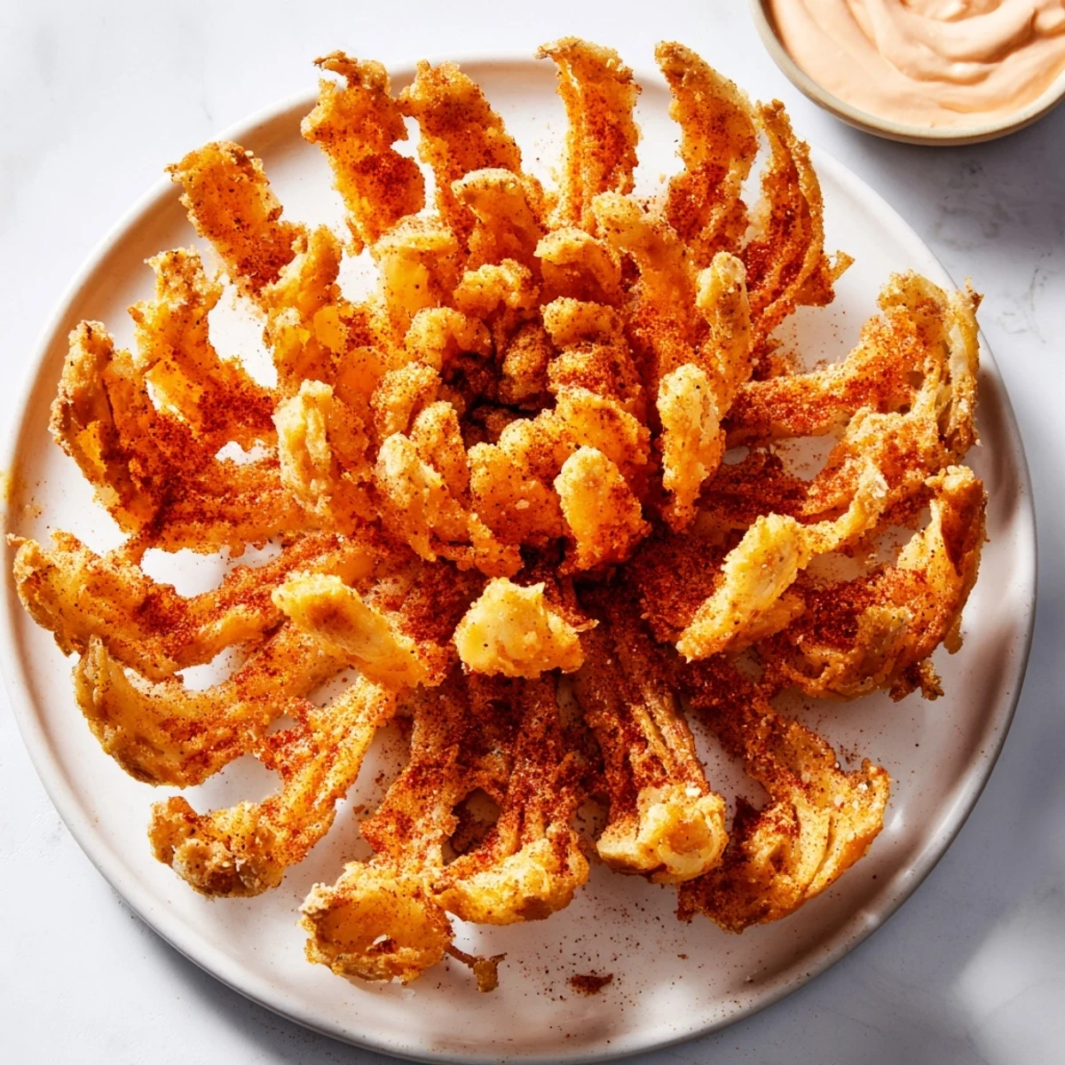 Golden-fried Blooming Onion, a crispy, savory appetizer with a creamy, zesty dipping sauce.