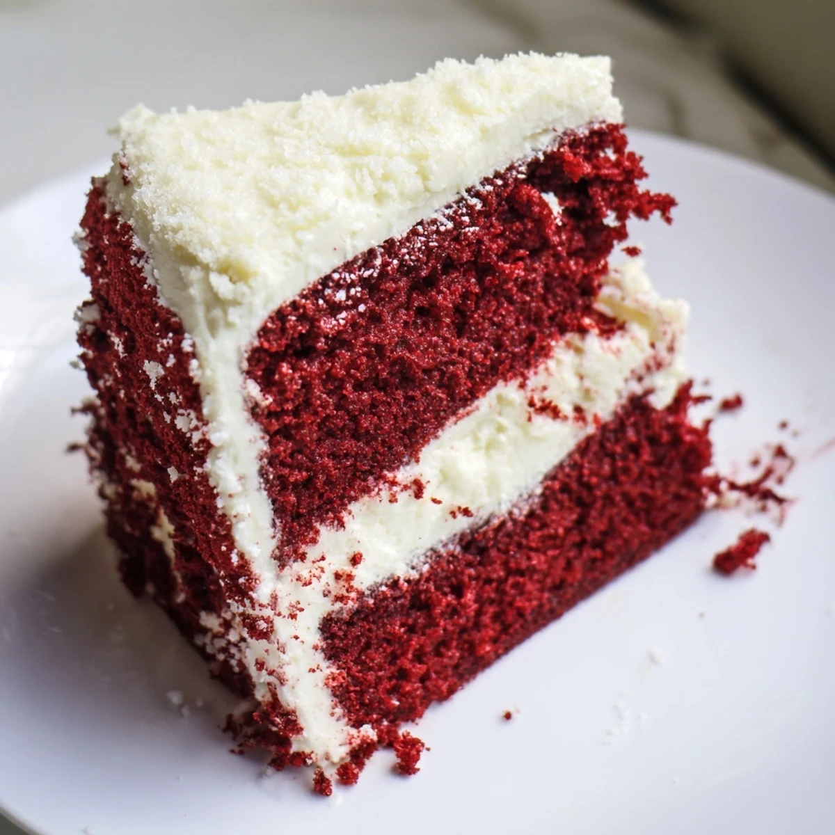 A close-up of a layered Red Velvet Cake with rich cream cheese frosting, ready to serve.