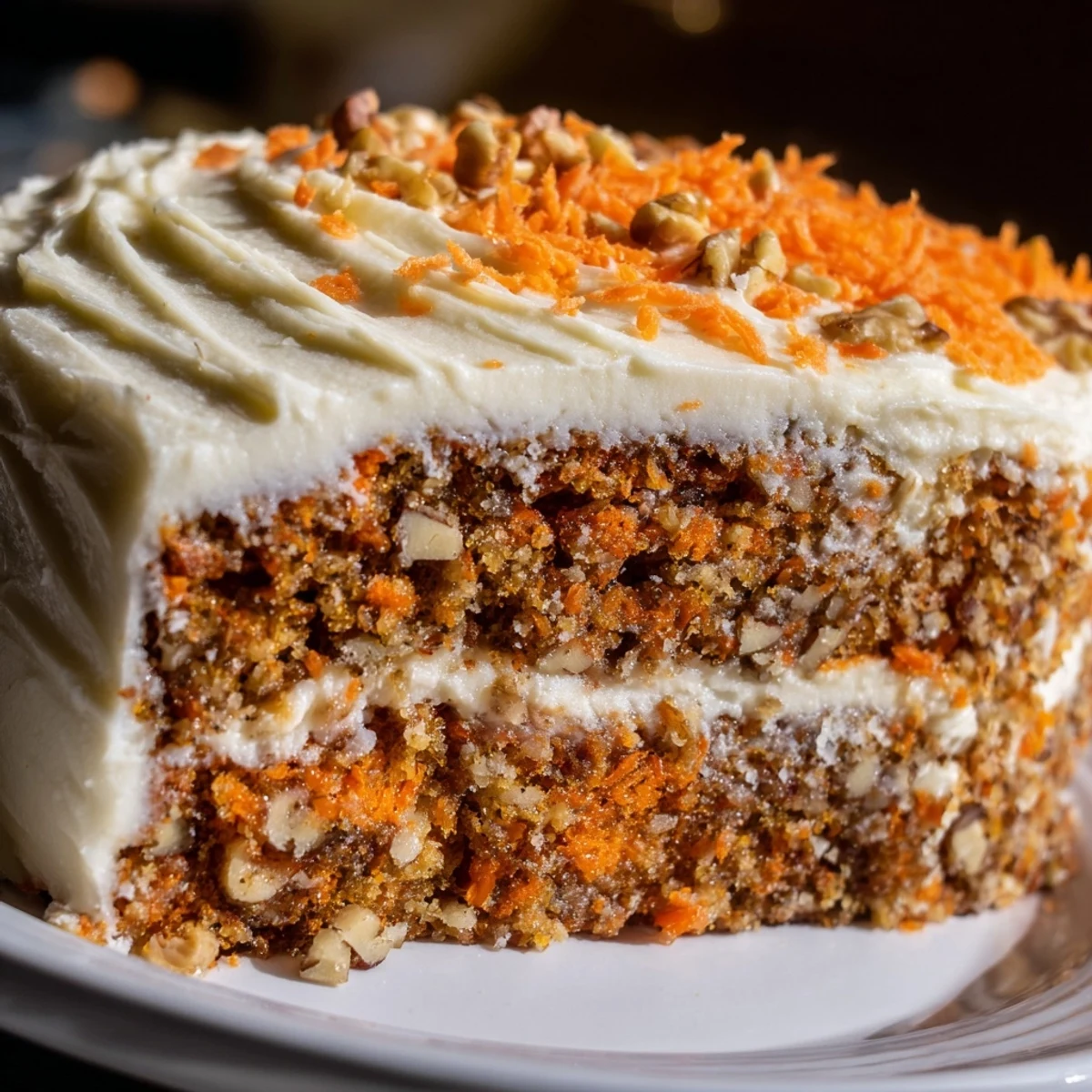 A beautifully frosted carrot cake, rich with spices and nuts, ready to serve and enjoy.