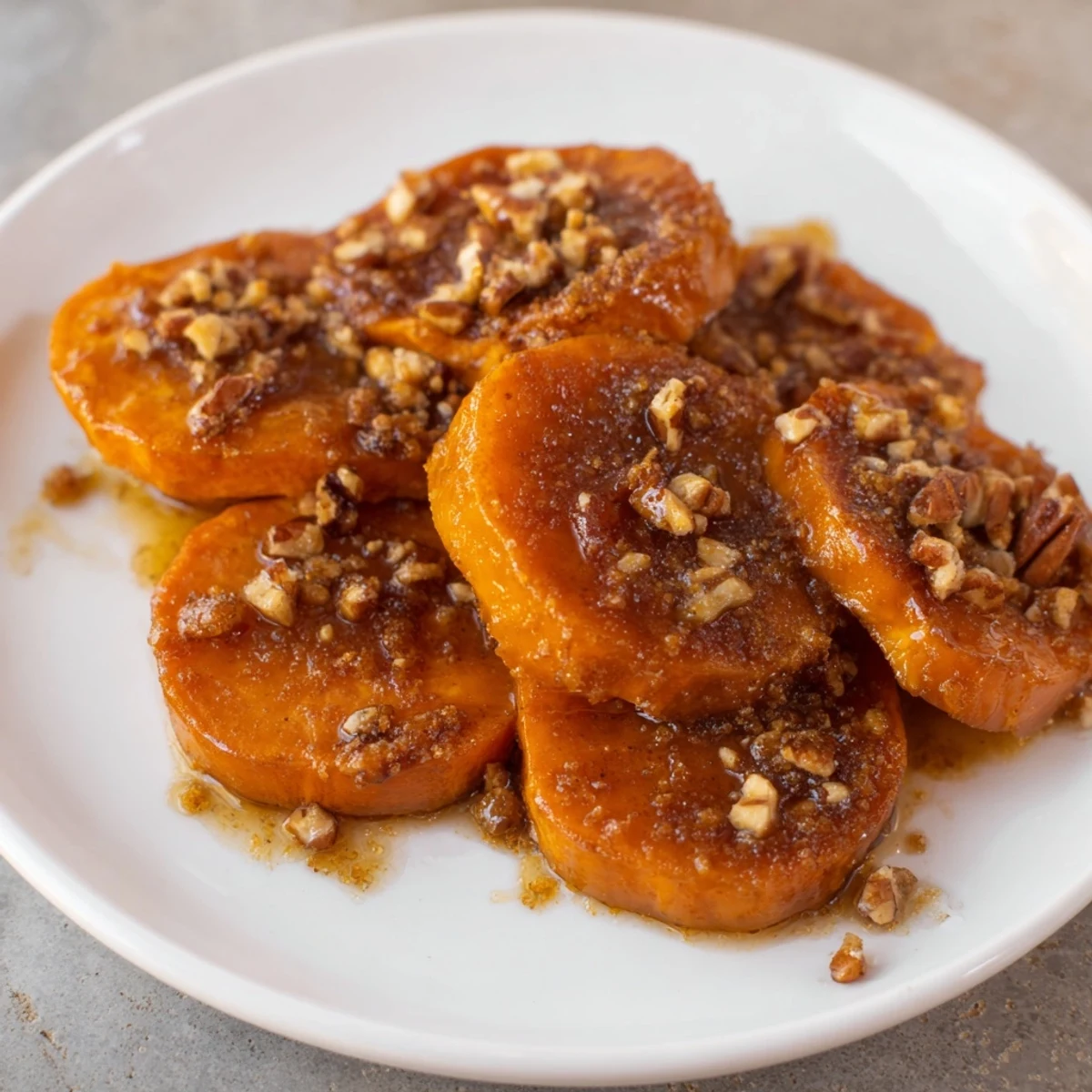 Warm, bubbling candied yams with pecans, a sweet and savory, homemade holiday treat on a plate.