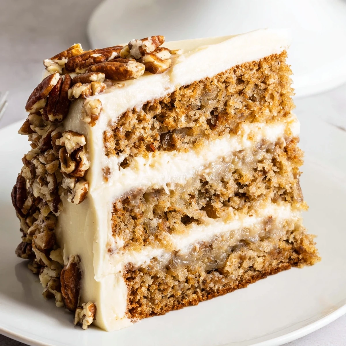 Moist slice of Hummingbird Cake, showcasing layers of cake and creamy cream cheese frosting.