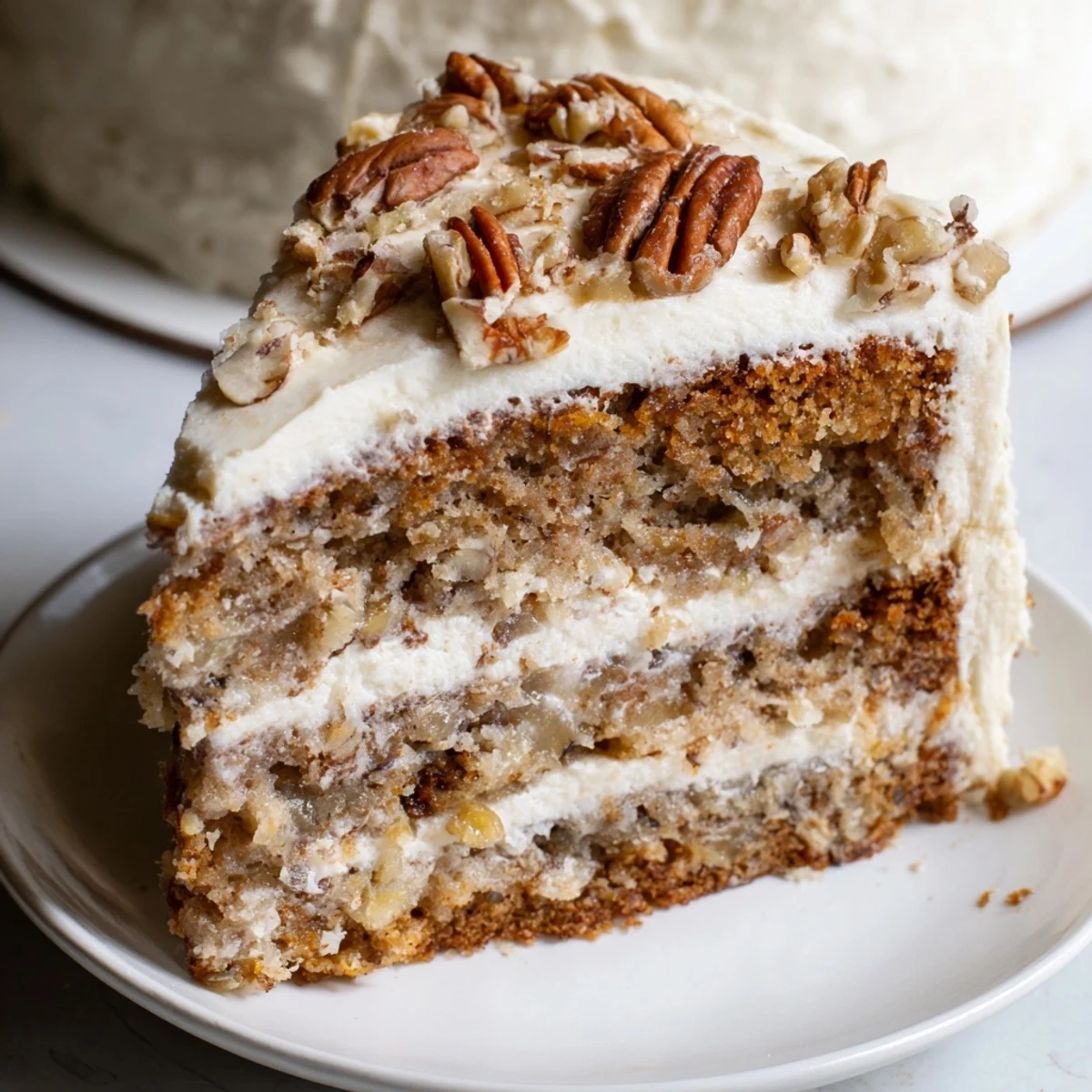 A beautifully frosted Hummingbird Cake, garnished with toasted pecans, ready for a delicious serving.