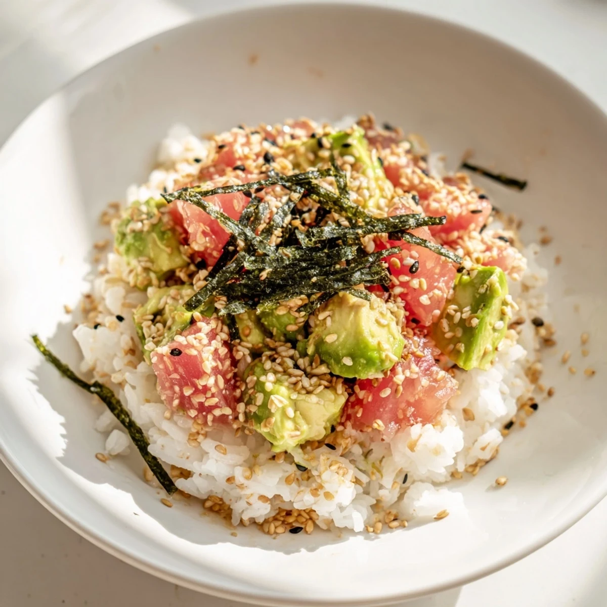 Warm jasmine rice topped with flaky tuna, creamy avocado, crisp cucumber, and toasted sesame seeds in a vibrant bowl.