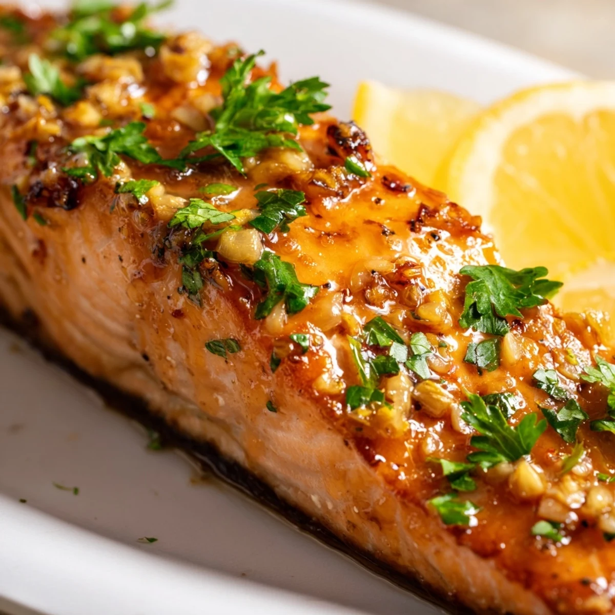 Glistening honey garlic glazed salmon fillets roasted to tender perfection, garnished with fresh parsley and lemon wedges on a rustic platter.