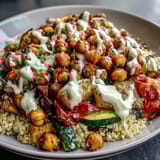 A hearty bowl of quinoa topped with roasted veggies, avocado, and a drizzle of tangy tahini sauce.