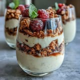Hojicha Panna Cotta Parfait layered in a glass with creamy beige custard, fresh berries, and crunchy granola.
