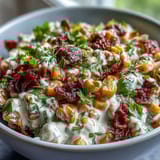 A colorful summer side dish featuring fresh corn, diced jalapeño, and red onion, all coated in a smoky, creamy dressing.