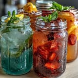 Guests enjoy customizing their drinks at a colorful lemonade station with classic lemonade and assorted fruit syrups.