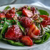 Colorful Spring Strawberry Spinach Salad featuring ripe berries, creamy goat cheese, tangy balsamic vinaigrette, and crunchy candied pecans.  