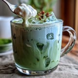 Creamy Mother's Day iced matcha latte topped with dreamy vanilla cold foam.