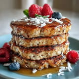 Golden high fiber protein pancakes with flaxseed, stacked high for hearty breakfast.