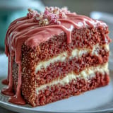 Glistening Bridal Shower Rosé Velvet Cake with decadent shimmering gold drip.