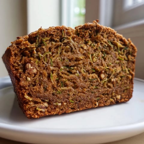 Freshly baked zucchini bread loaf, golden brown with visible zucchini flecks and chopped nuts.
