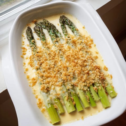 Golden-brown Asparagus Casserole with bubbling cheese, showcasing a comforting, creamy baked dish.