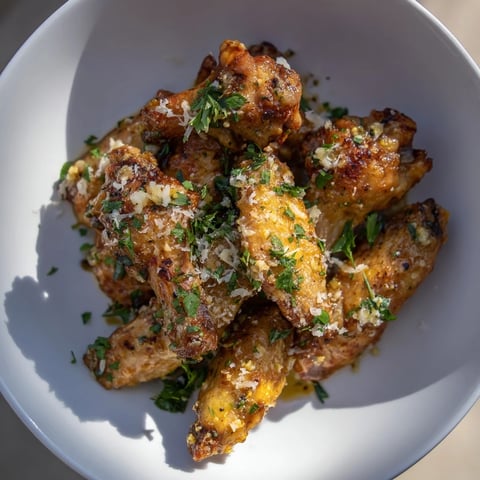 Golden-brown Garlic Parmesan Wings, crispy from the oven, ready for a flavorful bite.