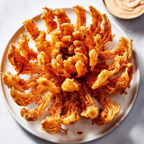 Golden-fried Blooming Onion, a crispy, savory appetizer with a creamy, zesty dipping sauce.