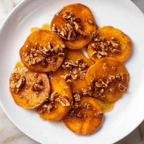 Golden glazed candied yams served in a baking dish, a delicious Thanksgiving side dish idea.