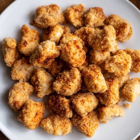 Crispy, golden-brown popcorn chicken pieces, ready to be dipped into your favorite sauces.