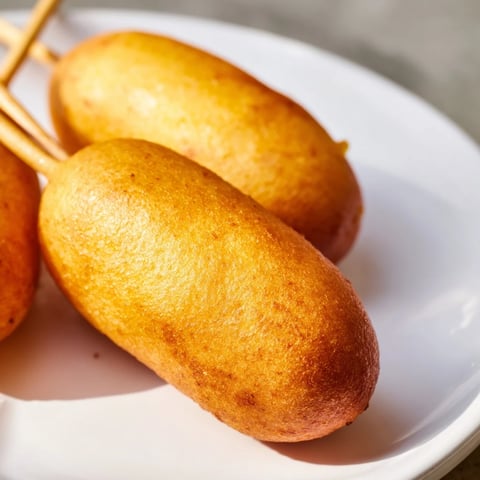 Golden fried and crispy corn dogs on a stick— a classic American state fair treat.