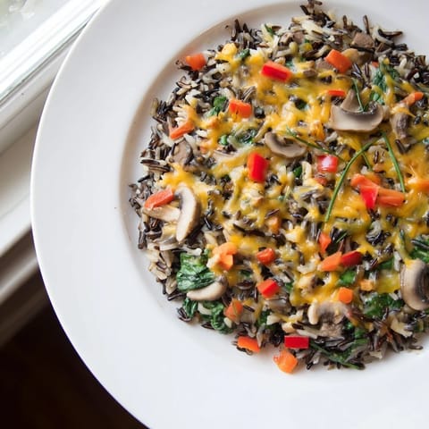 Steaming hot wild rice casserole, showcasing earthy mushrooms and baked vegetables, ready to serve.
