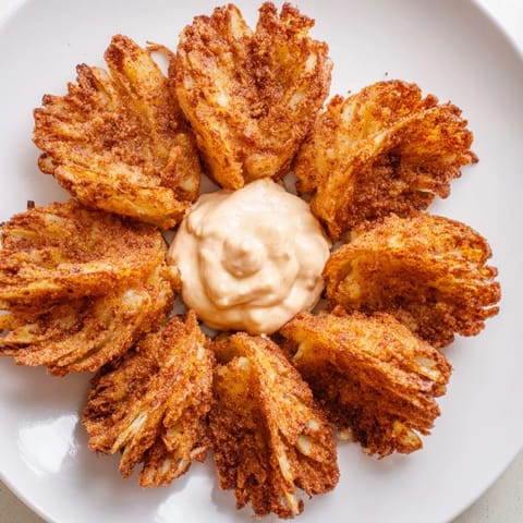 Close-up of golden, crispy onion petals ready to be dipped into the zesty, red spicy sauce.