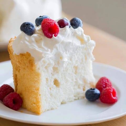 A close-up of a tender slice of angel food cake, showing its airy, delicate texture.