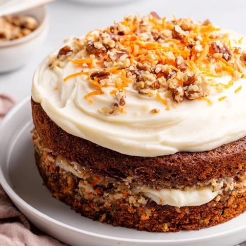 Warm, spiced carrot cake, layered with cream cheese frosting, a classic American dessert.