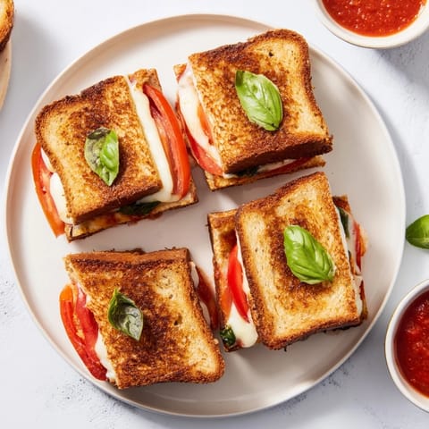 Golden, melty Caprese Grilled Cheese Dippers with fresh tomato and basil, sliced for easy dipping.  