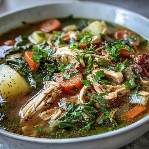 Hearty Collard Greens, Chicken and Vegetable Soup garnished with fresh parsley, served hot to warm up a chilly evening.