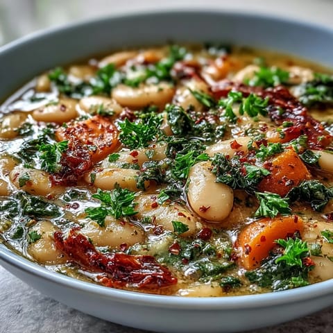 A warm bowl of Mediterranean White Bean Stew with tender beans and wilted kale in a rich, golden broth.  