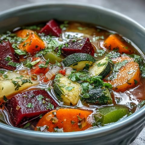 This nourishing vegan Rainbow Vegetable Detox Soup bubbles in a pot, showcasing colorful diced vegetables and seasonings.